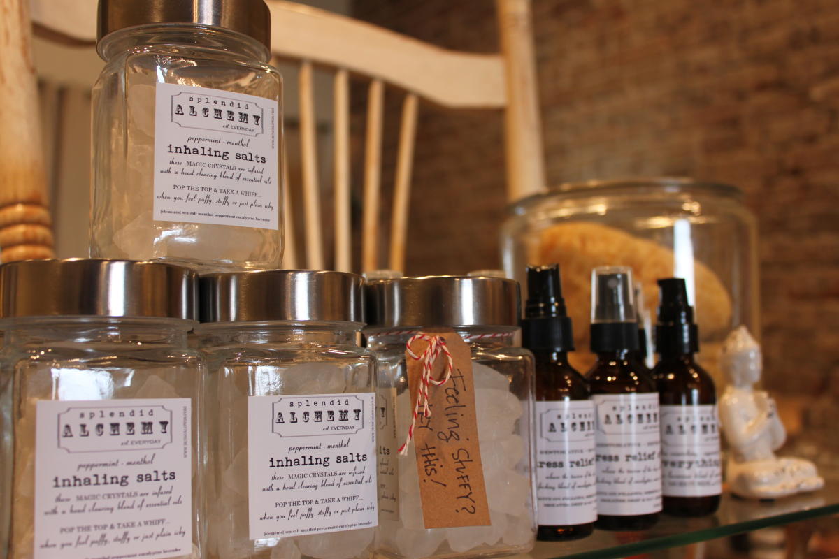 Inhaling salts and sprays are displayed for sale at Bungalow 26.