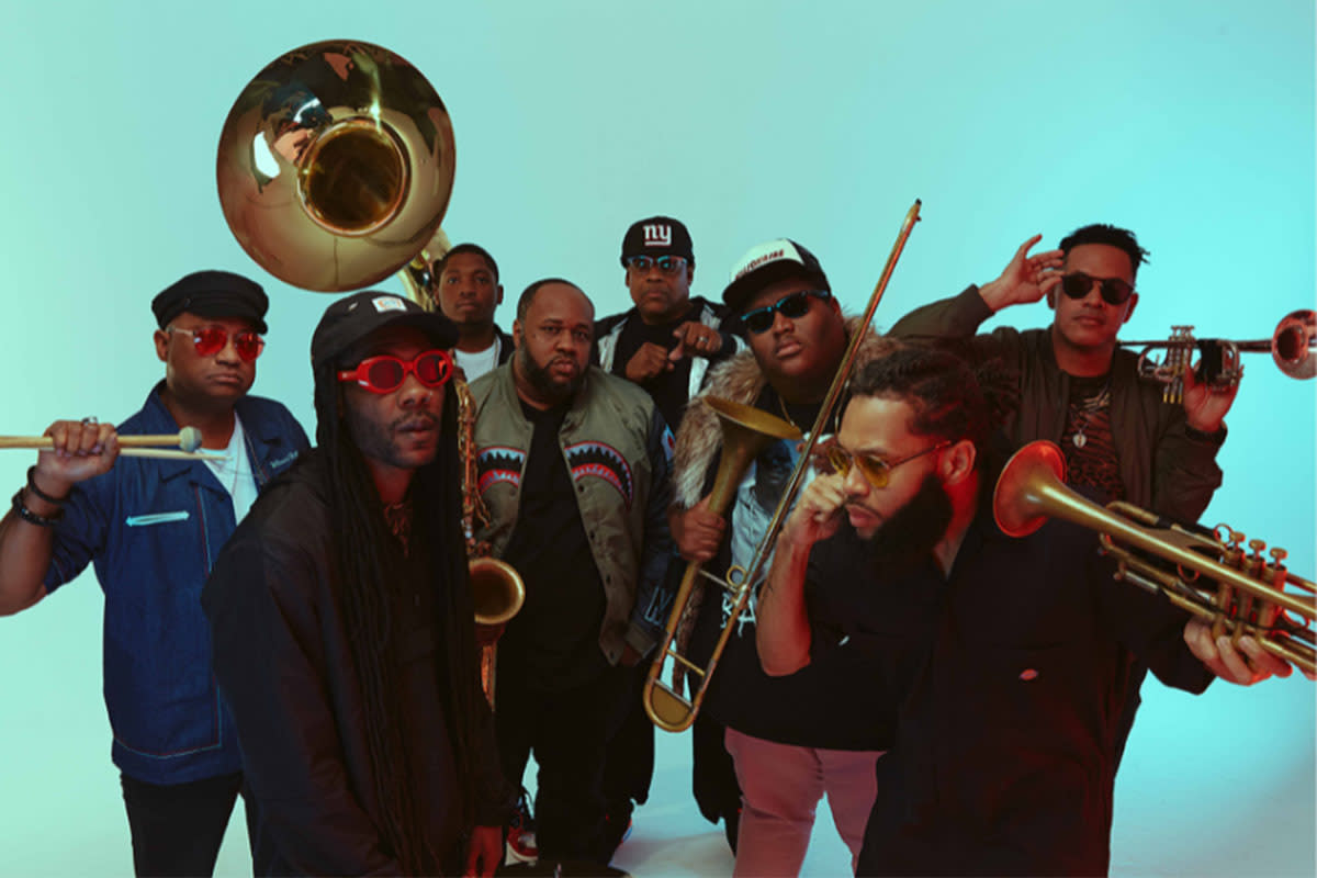 Members of the band the Soul Rebels pose for a photo with their instruments