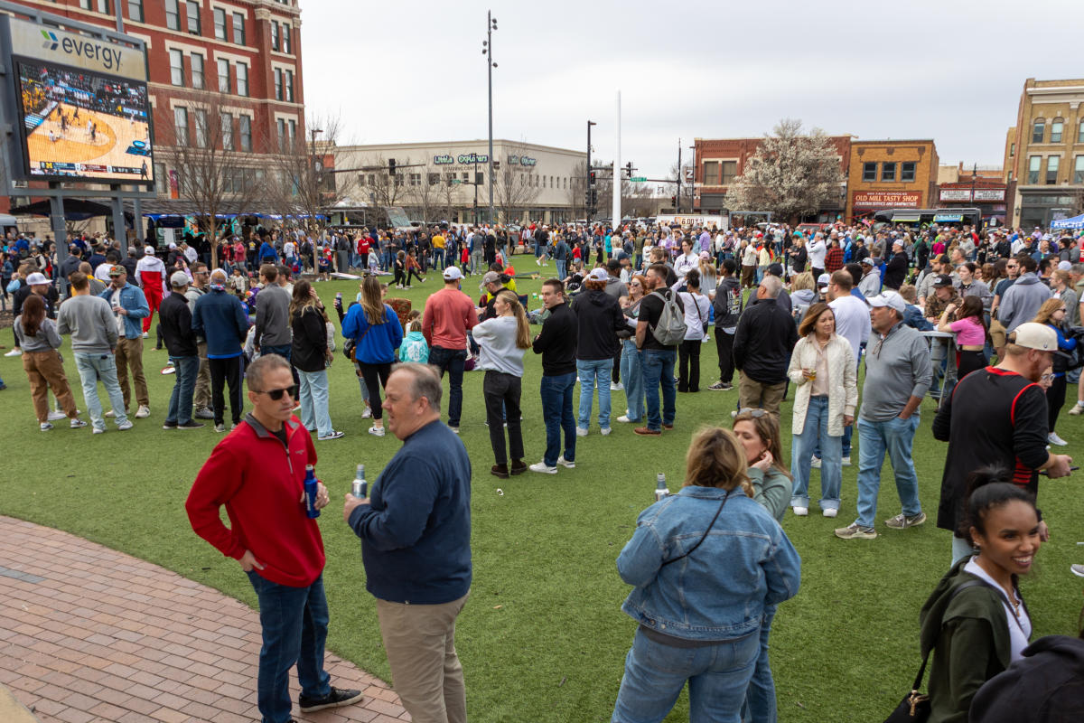 Fans gather in Naftzger Park to celebrate during the NCAA Men's Basketball Tournament in 2025.