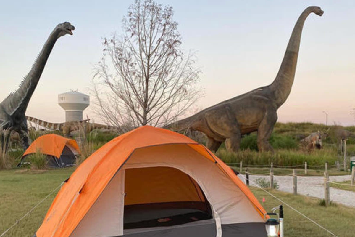 A tent has been put out for a campout at Field Station: Dinosaurs