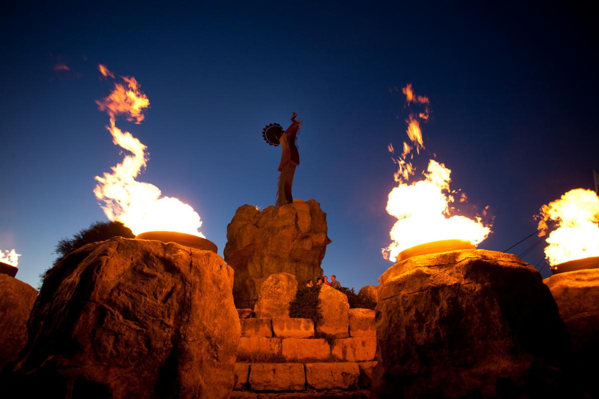 The fire pots at the Keeper are ignited at dusk