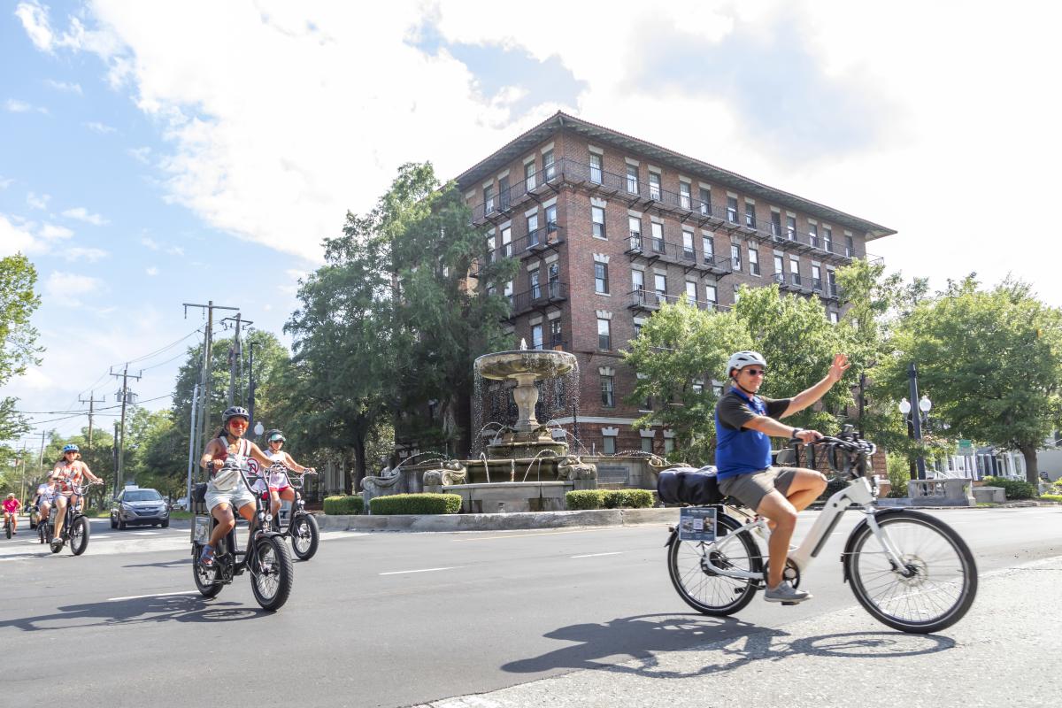 An e-bike tour group in downtown Wilmington