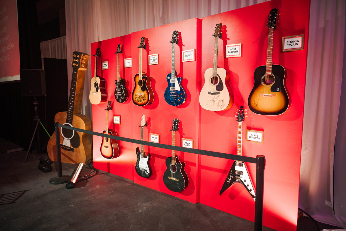 The Pavilion's Valentine Gala features an auction of guitars, signed by artists who have performed at the venue. The guitars come in a variety of shapes and colors. Signers include: Jimmy Buffet, Kiss, Dave Mathews Band, Heart, Post Malone, Shania Twain, Eric Church, Maroon 5, Noah Kahan, and Alice Cooper.