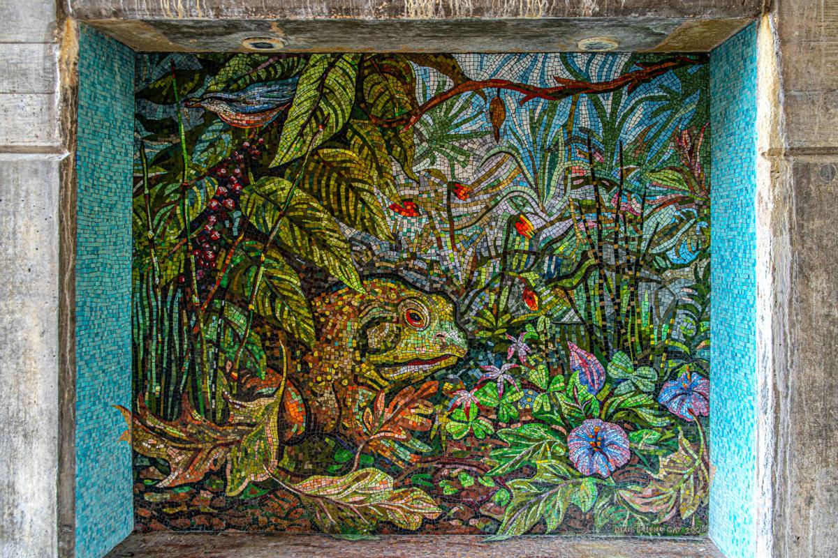A large square mosaic of a bullfrog in a colorful swamp. The art piece appears under the Waterway Avenue Bridge.