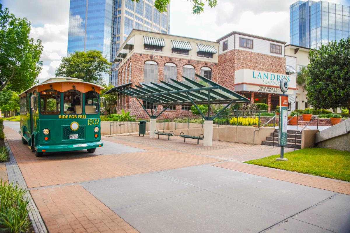 Free Trolley at stop in front of restaurant