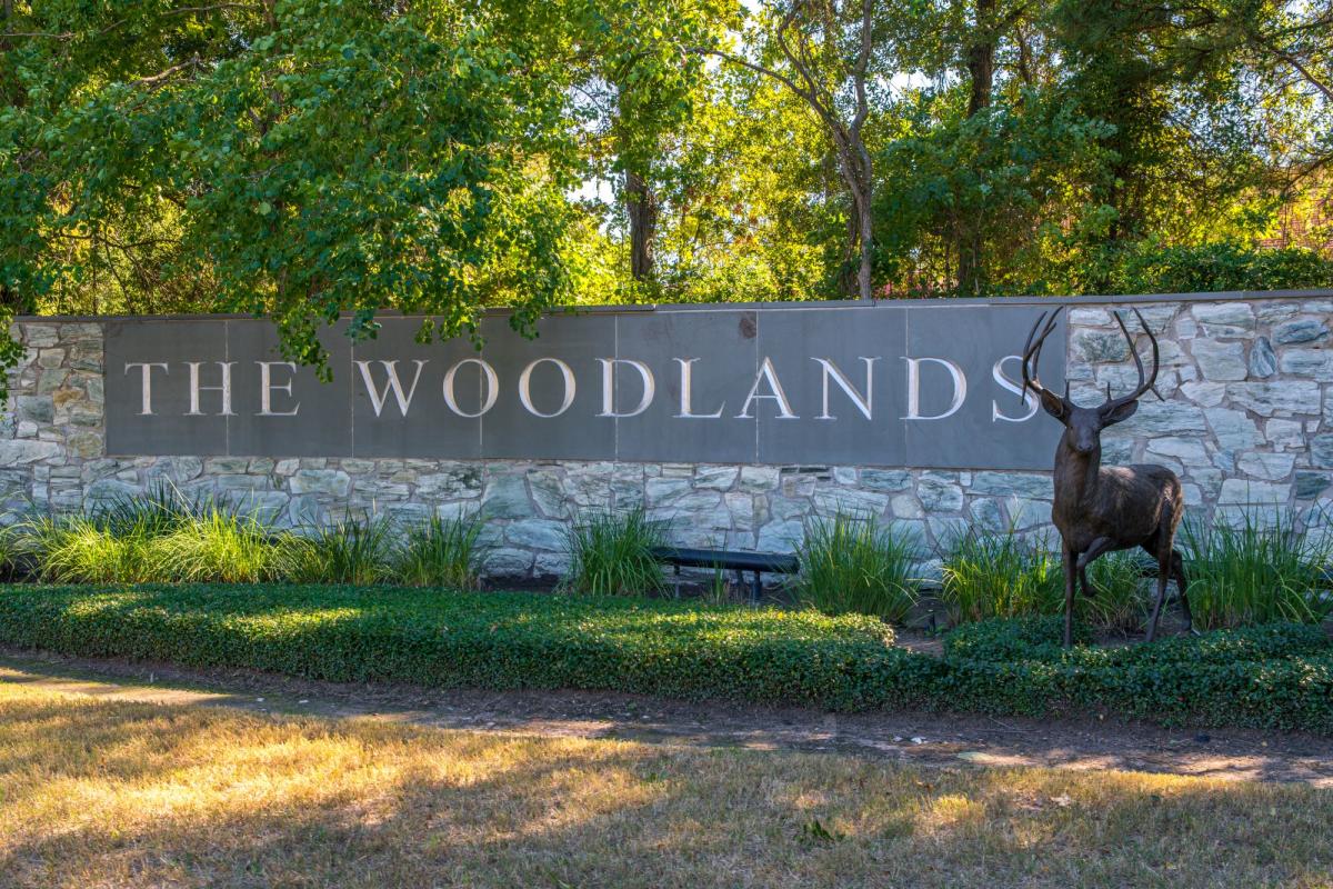 The Woodlands Sign with Deer Sculpture