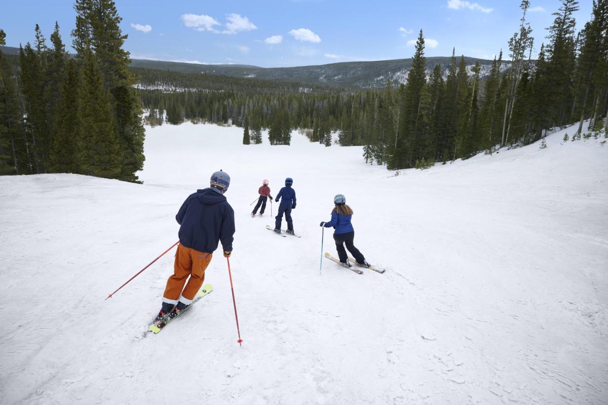 Four skiers going down the slopes.