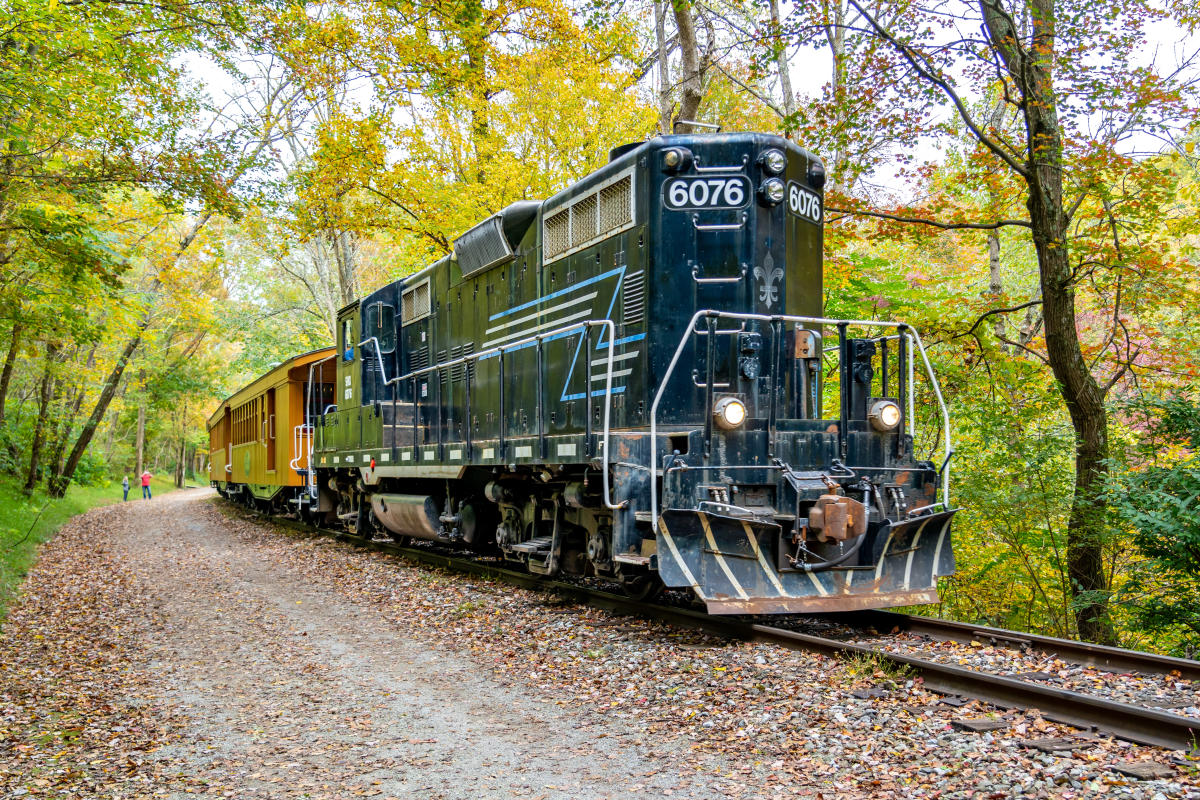 A mighty diesel engine rides the rails through changing fall foliage.