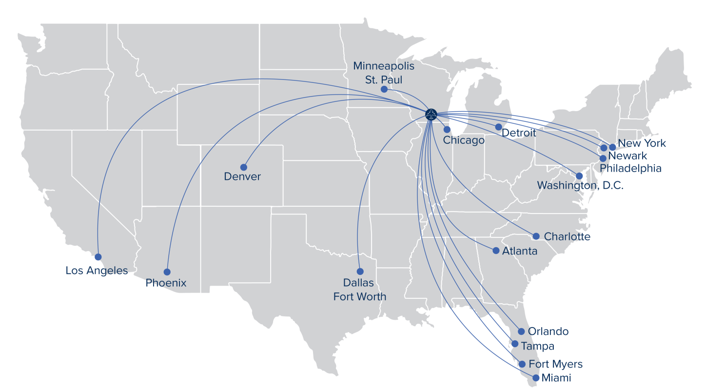 A map of the direct flights from DCRA