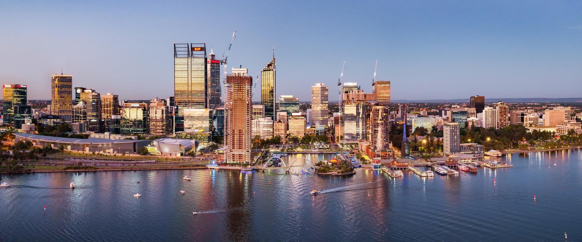 Perth city skyline drone shot captured by Jarrad Seng