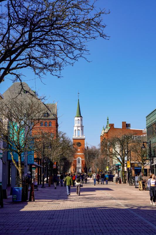 Church Street on a. bluebird day during Stick Season