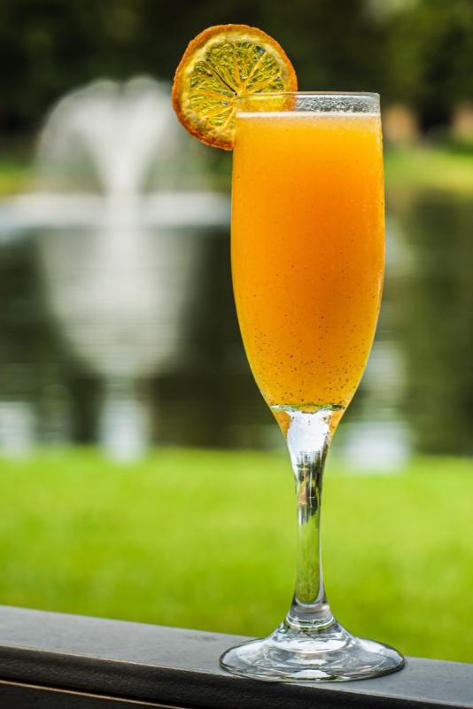 A tall skinny glass full of a bright orange cocktail garnished with a thin orange slice sits on a patio railing that overlooks a bright green golf course and fountain.
