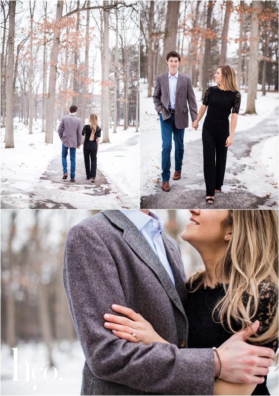 Collage of winter engagement photo shoot on Avenue of the Pines in Saratoga Spa State Park