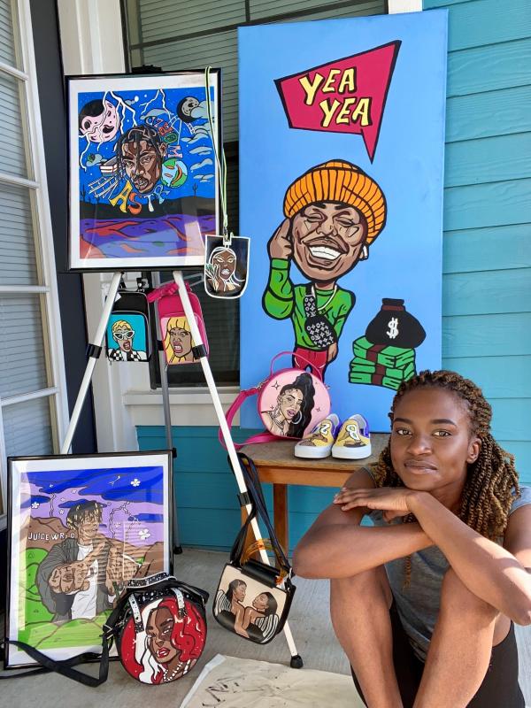 Bithia Dantoumda of Creative Days Art with her work on various mediums in Austin Texas