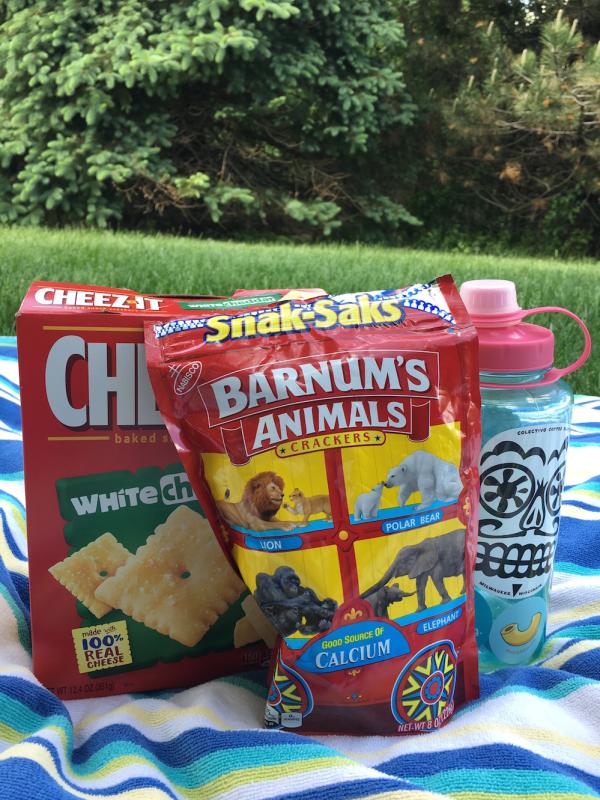Snacks and beverages picnic on beach towel for day trip to Big Falls