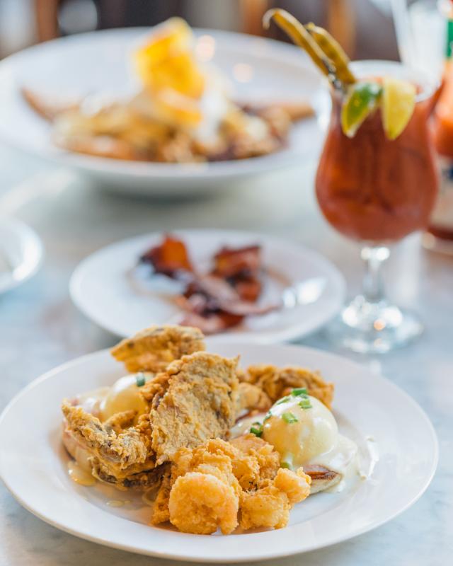 Bananas Foster French Toast and Breakfast Seafood Platter - Brunch at Stanley