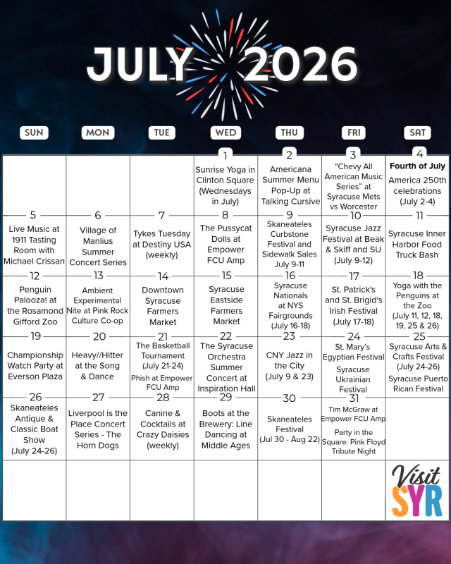 July 2026 Calendar of Events in Syracuse NY