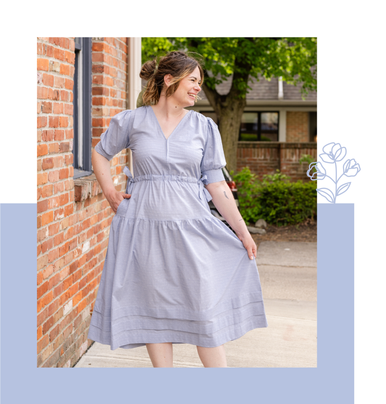 Woman wearing blue linen dress
