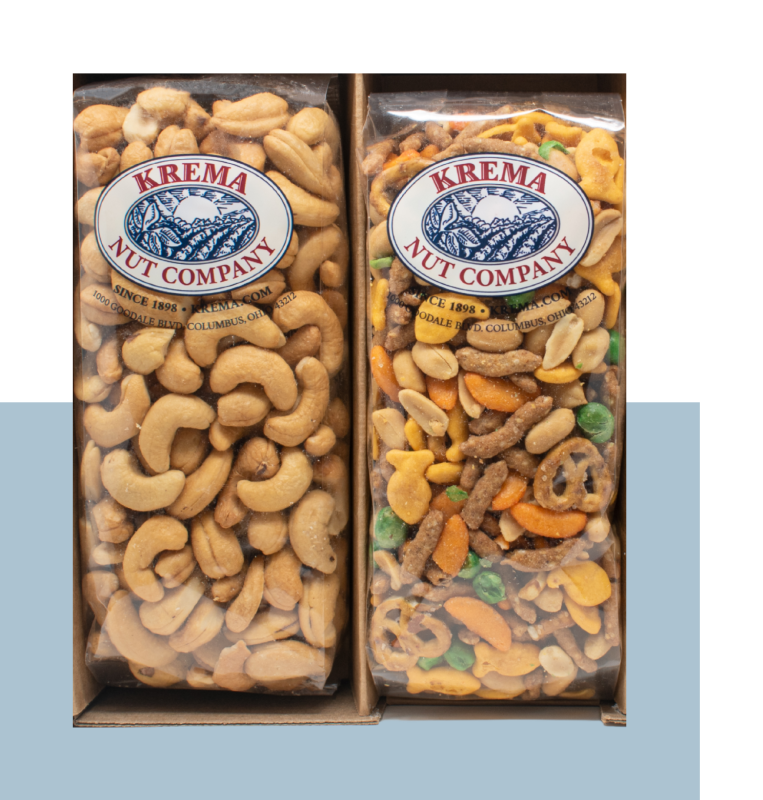 A bag of cashews and a bag of trail mix from Krema Nut Company