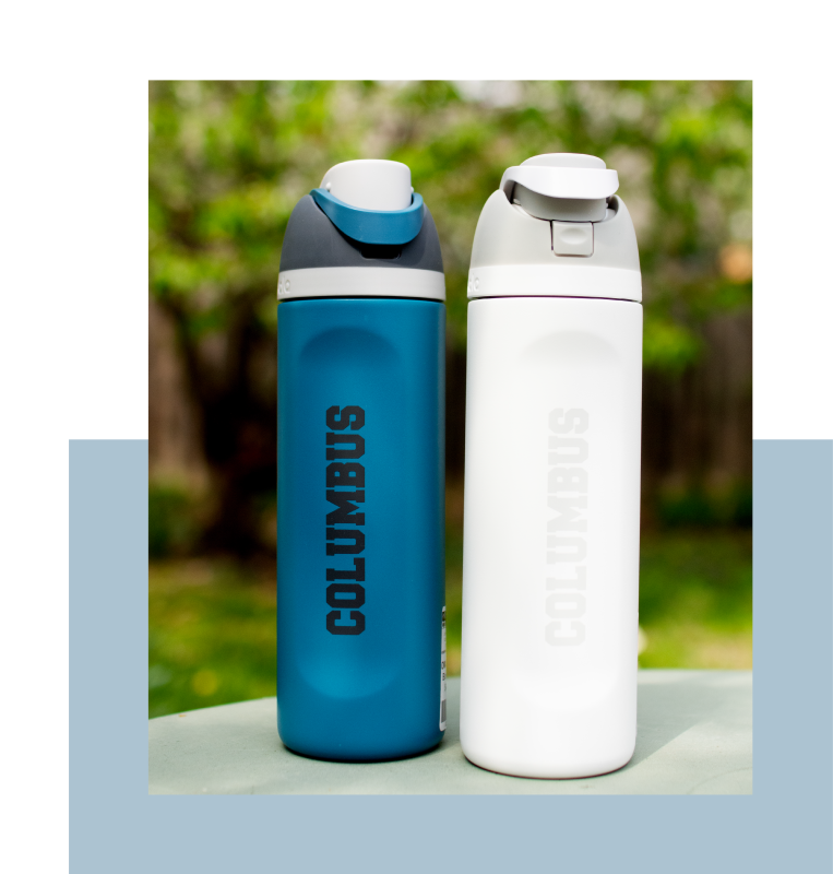 Two "Columbus" branded Owala water bottles from the Columbus Welcome Center