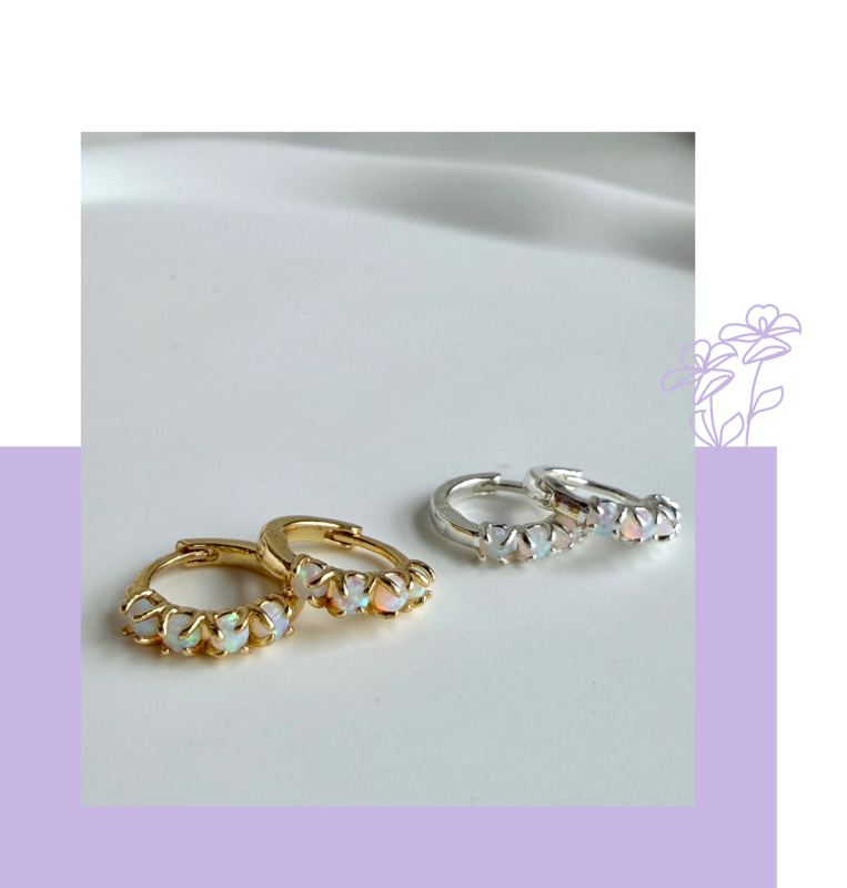 White and gold opal Huggie Hoops from Red Giraffe Designs