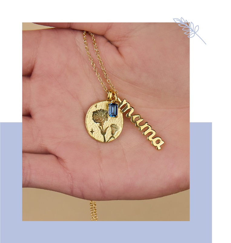Gold necklace with "mama", birth flower, and birthstone charms