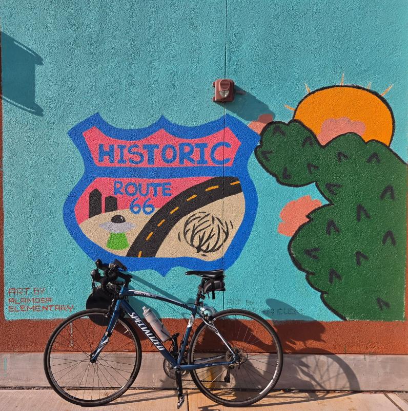Bicycle with Route 66 Mural at Alamosa Elementary