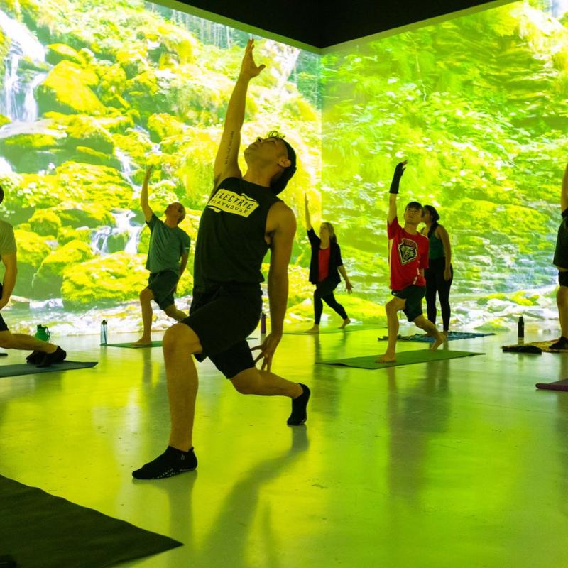 people practice yoga surrounded by a projected forest at Electric Playhouse