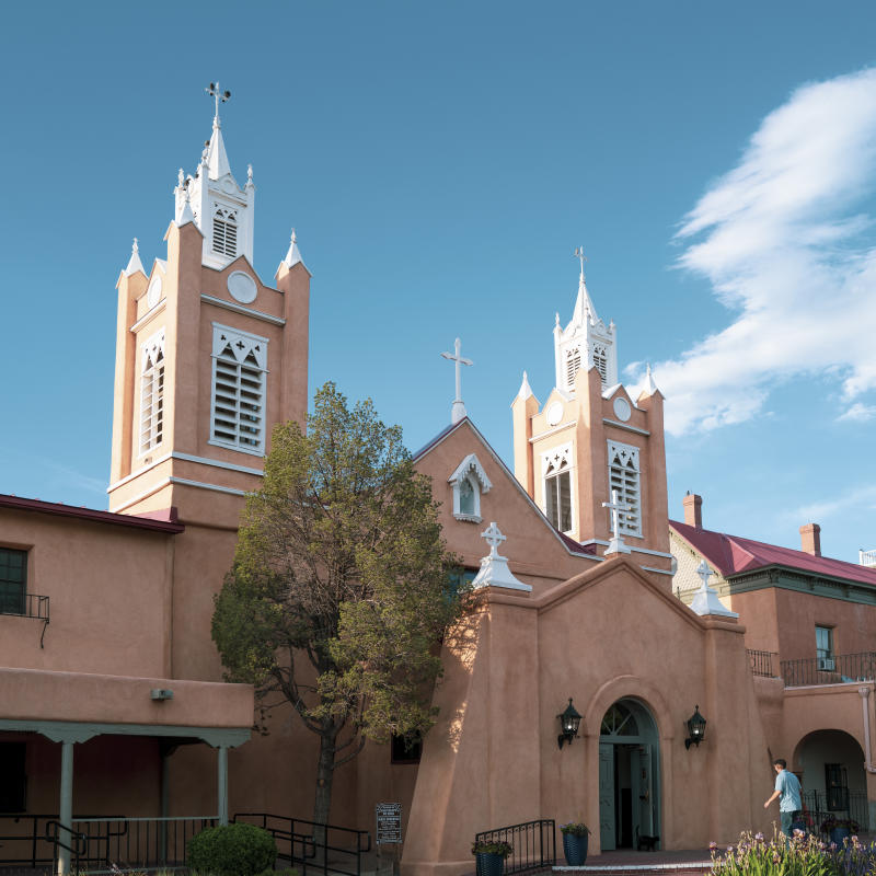 The exterior of the San Felipe de Neri church in Old Town Albuquerque