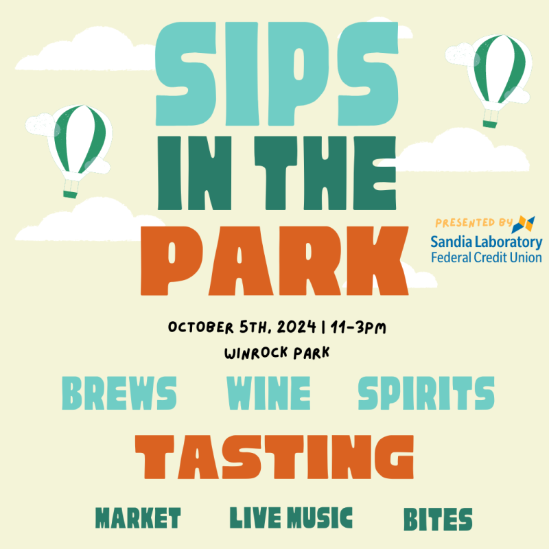 A graphic promoting the Sips in the Park tasting event at Winrock Park on Oct. 5 from 11 am to 3 pm.