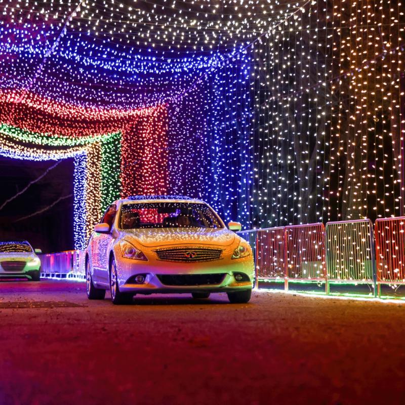 A car drives through a light tunnel at Winter Wonderland.