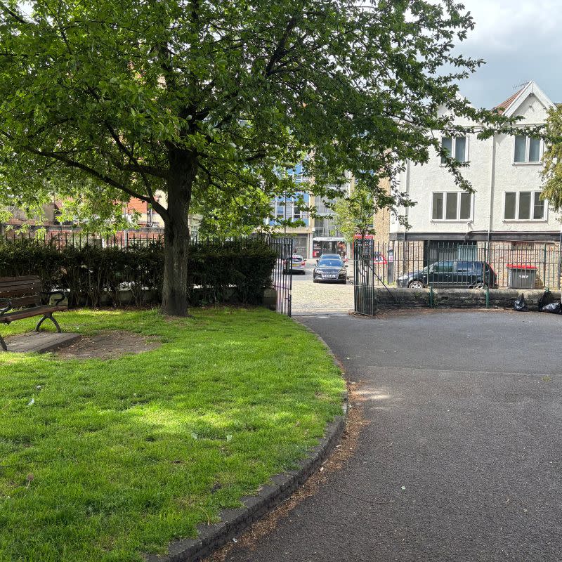 Temple Church Gardens Social Story Picture 11 - A photo of a curving path leading to a wide gate in a long green metal fence. There is an area of grass on the left and a mature leaft tree is growing in the grassy area.