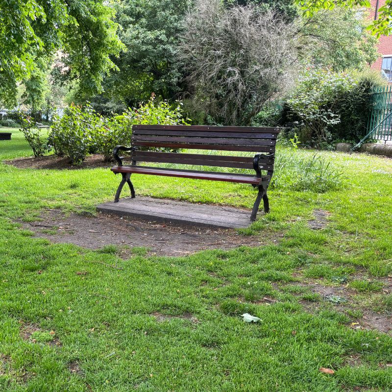 Temple Church Gardens Social Story Picture 6 - A photo of a wooden slatted bench in a gassy area.