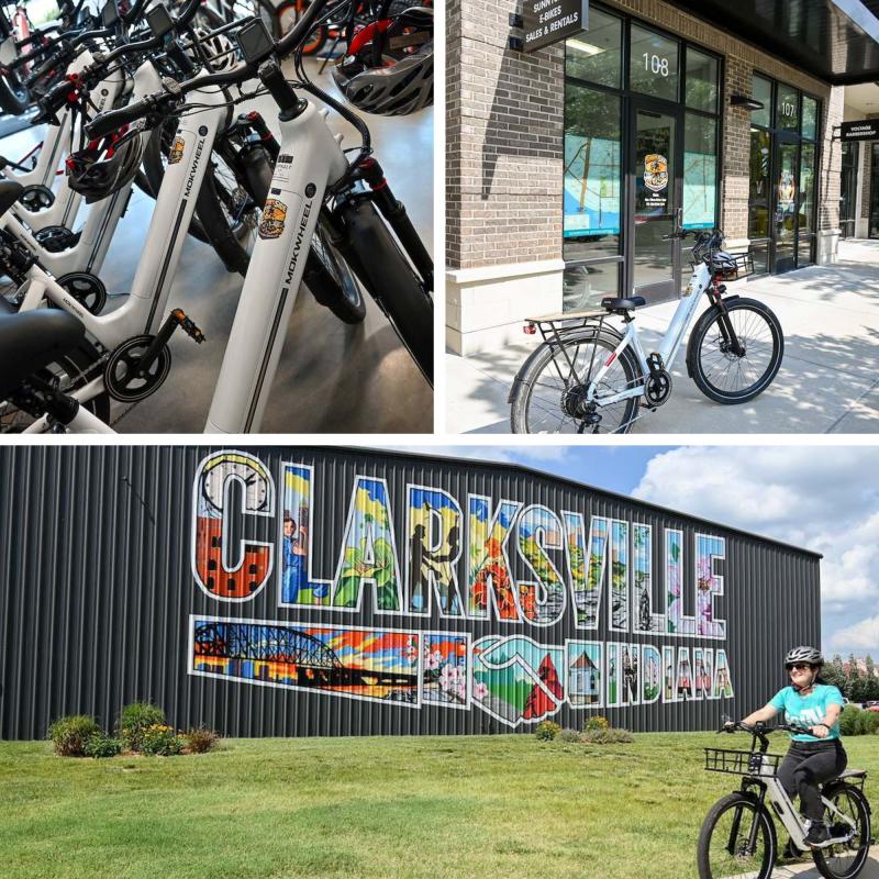Collage of Sunnyside E-bikes. Top left: Close-up shot of bikes for rent. Top right: Bike for rent outside the shop. Bottom: Sunnyside E-Bike rider riding in front of the Clarksville Mural.
