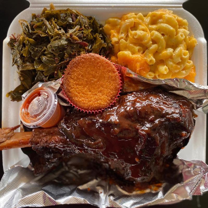 A with ribs, cornbread, mac and cheese, and collard greens from Angelea's Soul Food Kitchen