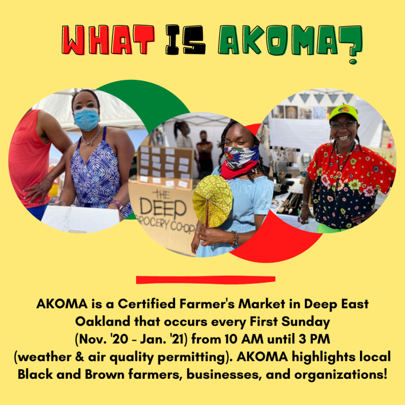 Market flier that reads" AKOMA is a Certified Farmer’s Market in deep east Oakland that occurs every first Sunday in November- January