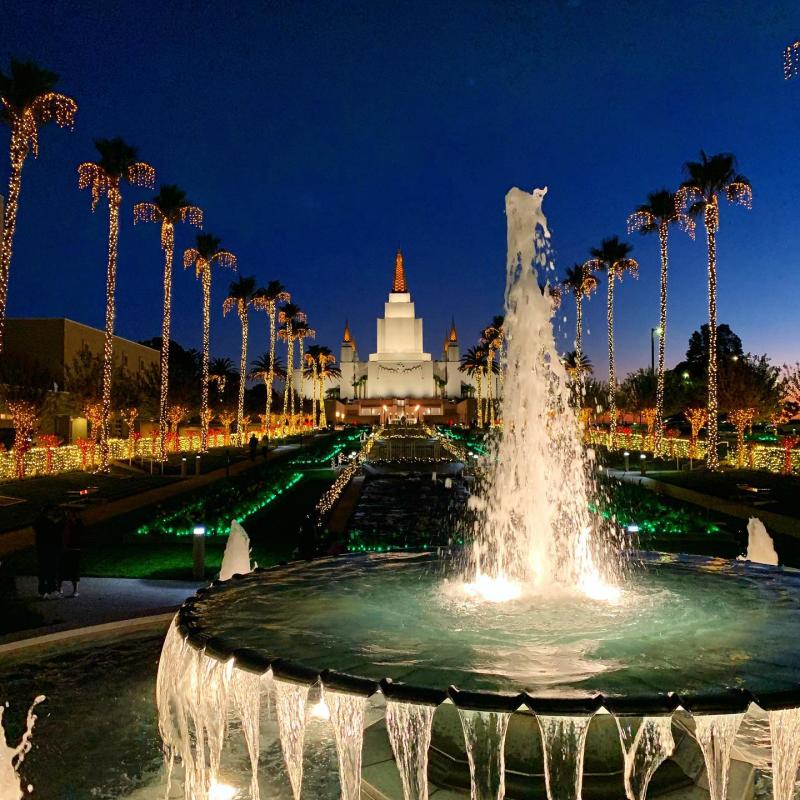 The Mormon Temple and landscaping in Oakland lit at night.