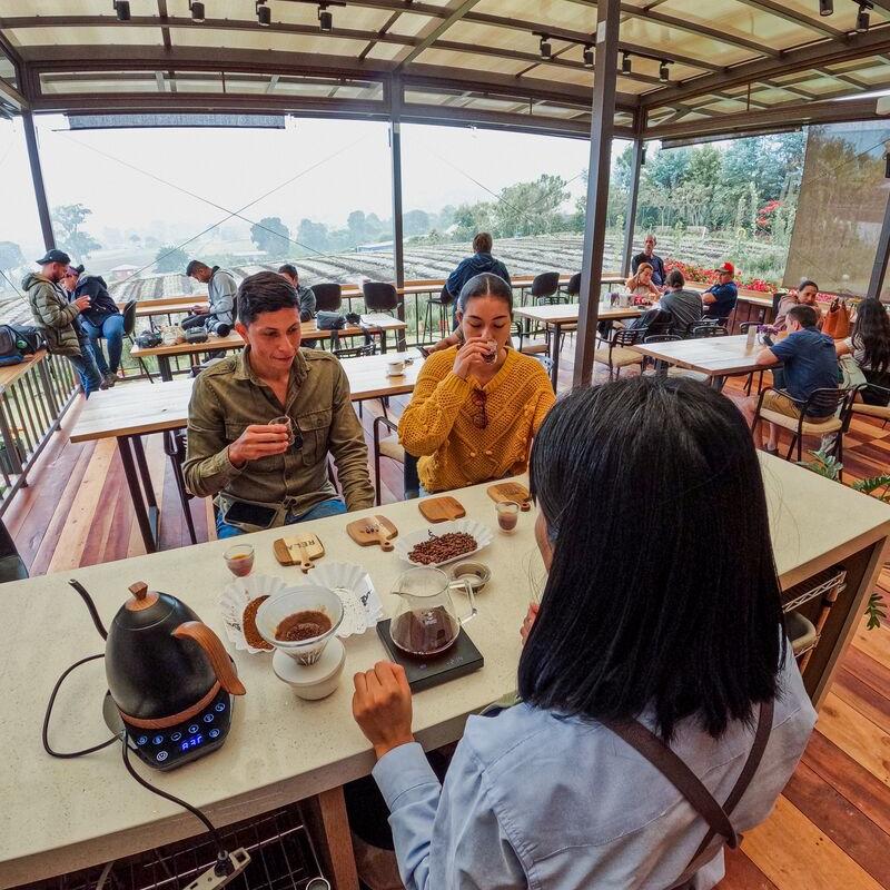 Visitors enjoying the coffee tasting at coffee shop Cerro Punta.