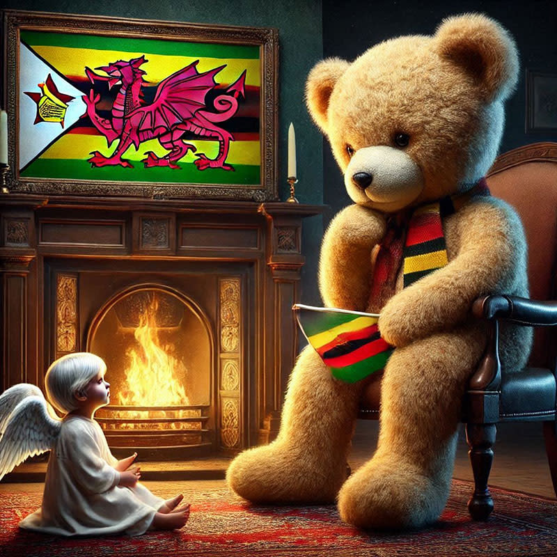 An AI generated teddy and an angel in front of a fire.