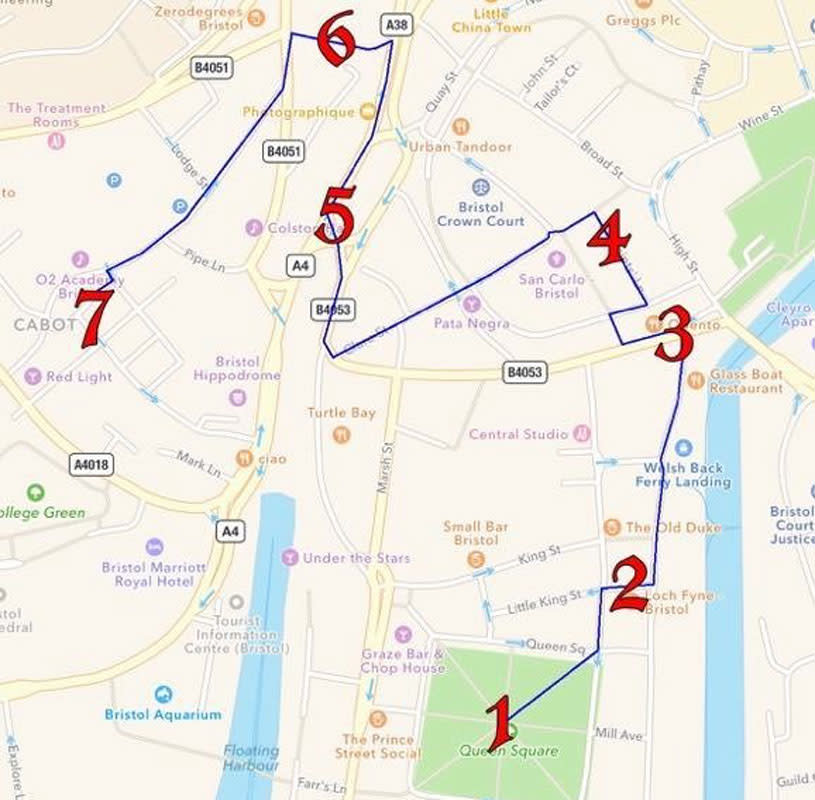 Dark Bristol walking tour map - credit Charlie Revelle-Smith, Weird Bristol