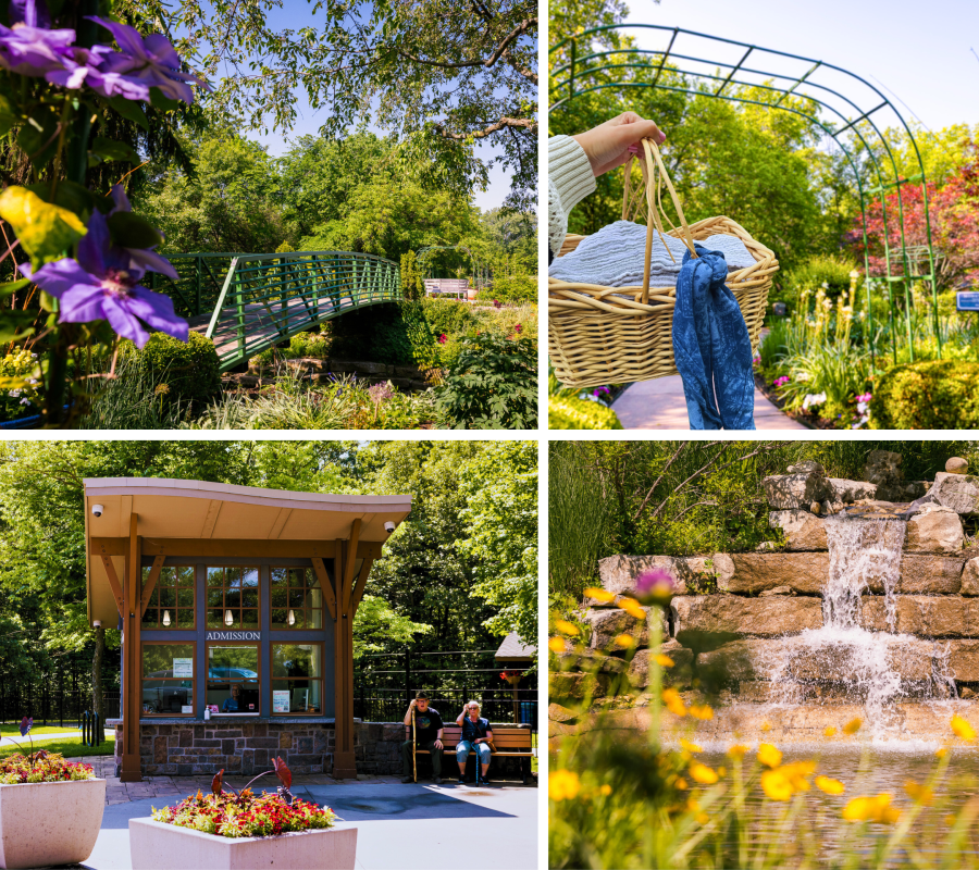 Collage of four images at the Overland Park Arboretum and Botanical Gardens: A waterfall cascading over stones, the green bridge across the Monet Garden, someone holding a picnic basket in front of the Monet Garden Entrance, and the Admissions office.