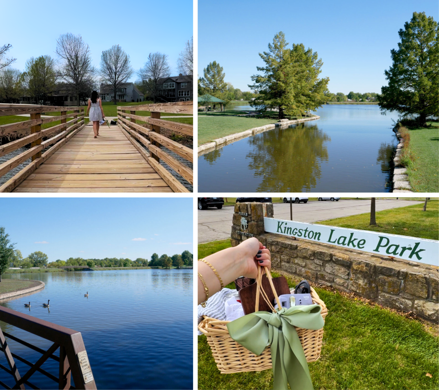 Collage of four images of Kingston Lake Park: A woman walking down the fishing pier, a panoramic shot of the lake, geese in the lake near the bridge, a hand holding a picnic basket in front of a sign that reads Kingston Lake Park