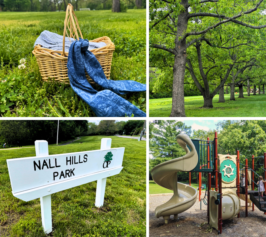 Collage of four photos from Nall Hills Park: A picnic basket sitting in the grass field, trees lined up across the park, the Nall Hills Park wooden sign, a playground structure tailored to little ones.