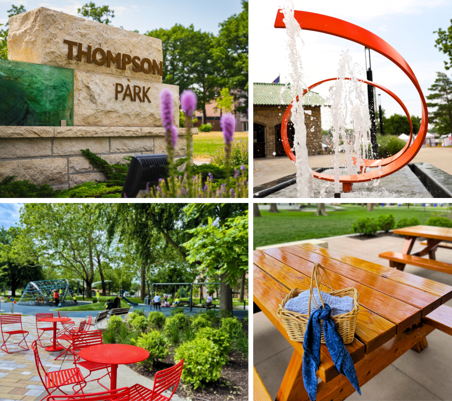 Four images of Thompson Park: The sign out front, a picnic basket sitting on a table, a coworking station with bright orange chairs in the foreground and a playground in the background, two silver grills available for public use.