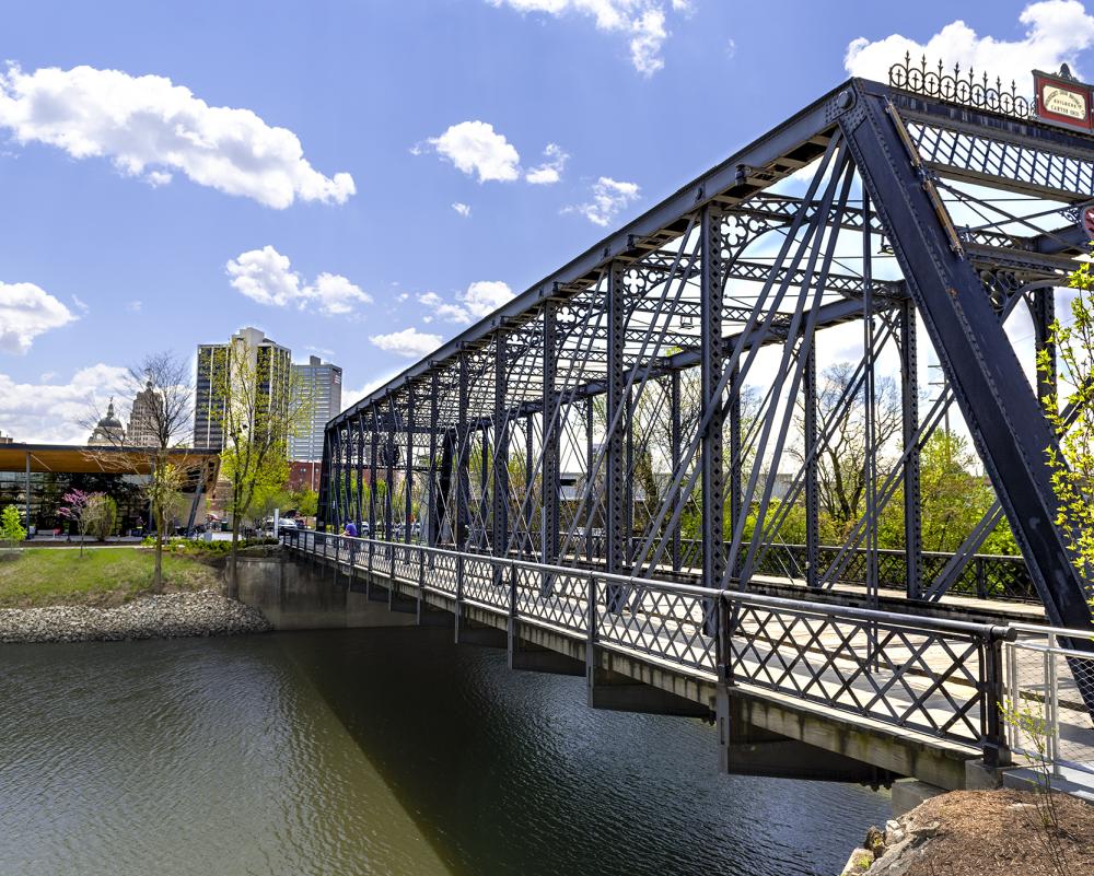 View of the Wells Street Bridge at Promenade Park in Downtown Fort Wayne