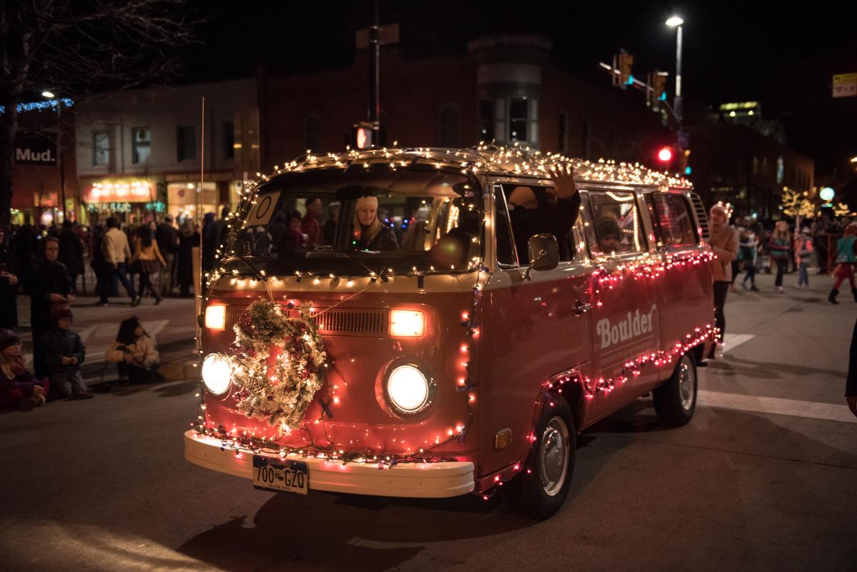 Boulder CVB VW Delilah covered in lights at the December Parade