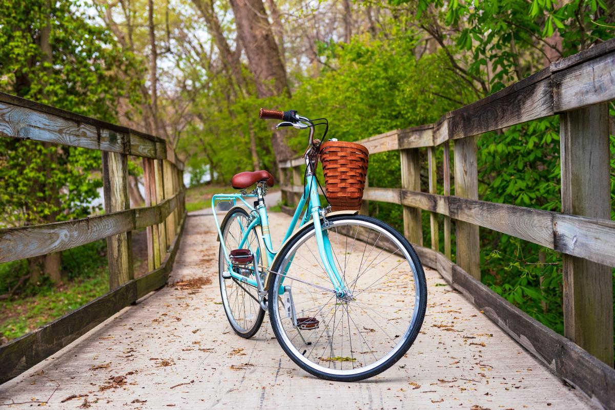 Izzy the Bike on the Rivergreenway Trail in Johnny Appleseed Park