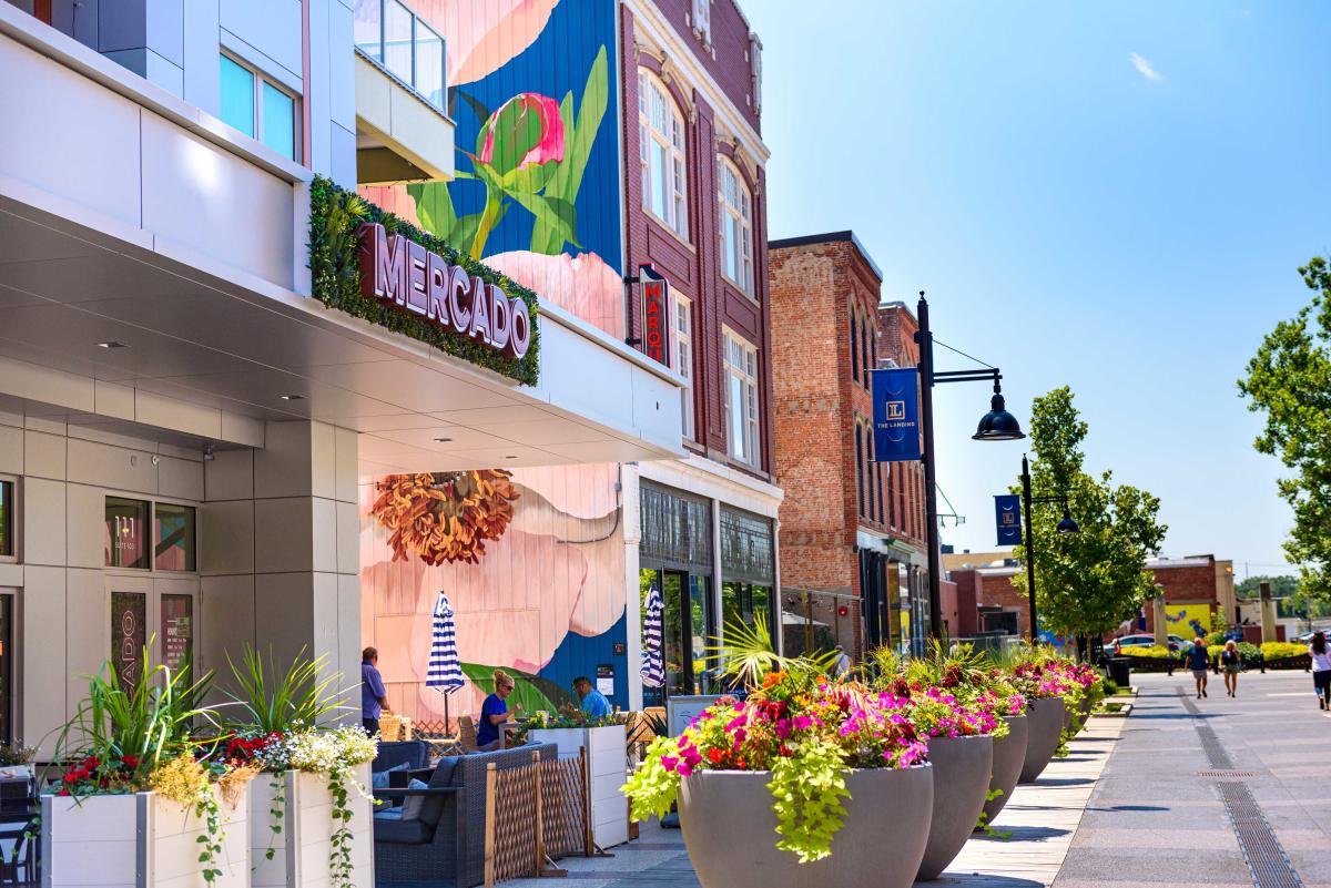 Street view of The Landing in Fort Wayne, Indiana with colorful murals, large potted flowers, and restaurants on a summer day