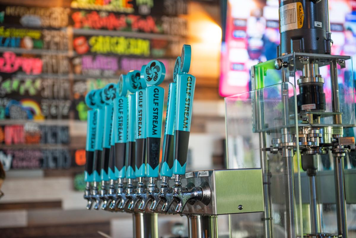 A row of taps at Gulf Stream Brewing Company in Fort Lauderdale, FL.