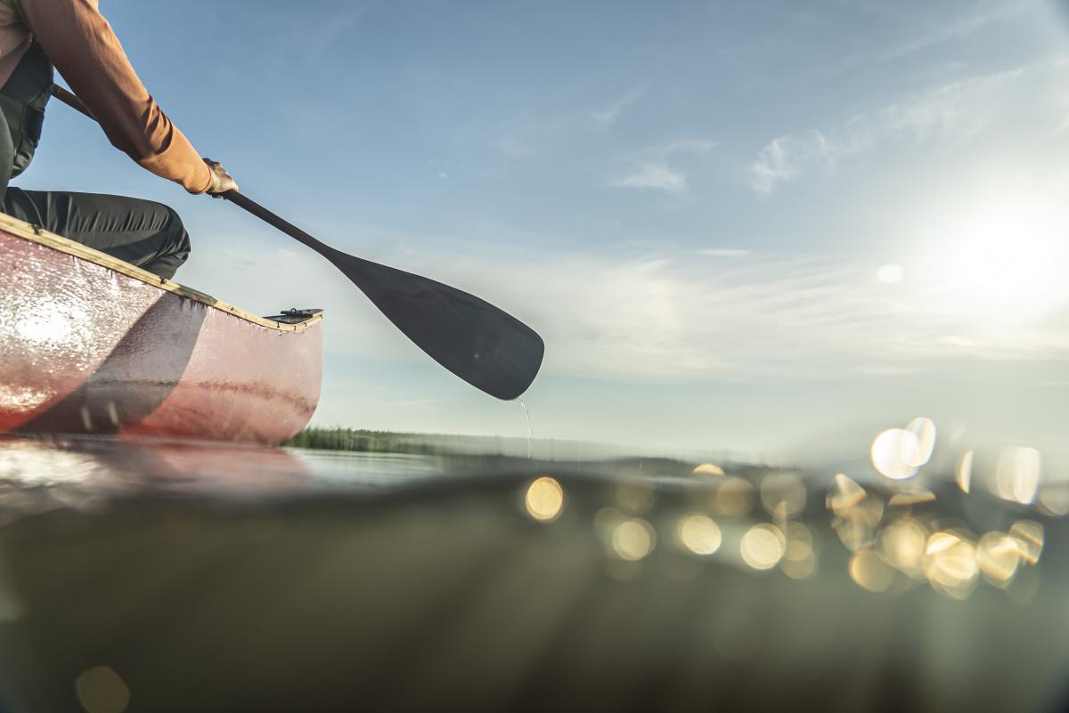 Paddle seen above water next to canoe